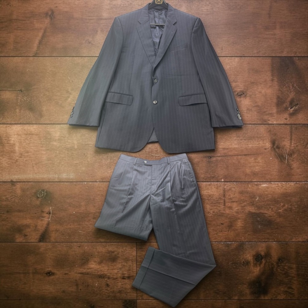 Jos A Bank Signature Gold 43L 36x34 Blue Navy Pinstripe Wool Suit Pleated Cuffed